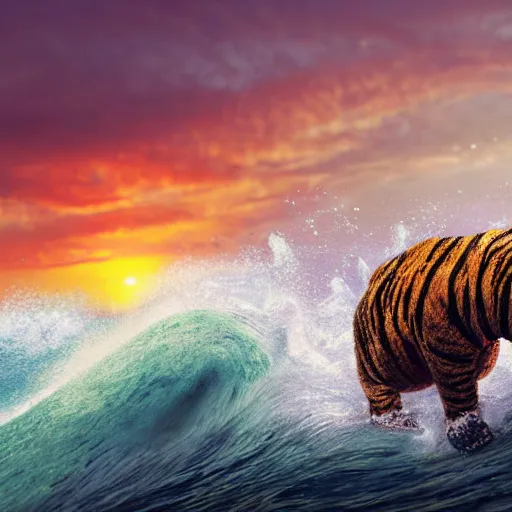 Image similar to a closeup photorealistic photograph of a smiling cute knitted tiger hippopotamus riding a large wave during sunset. surf in the background. professional capture. brightly lit scene. this 4 k hd image is trending on artstation, featured on behance, well - rendered, extra crisp, features intricate detail, epic composition and the style of unreal engine.