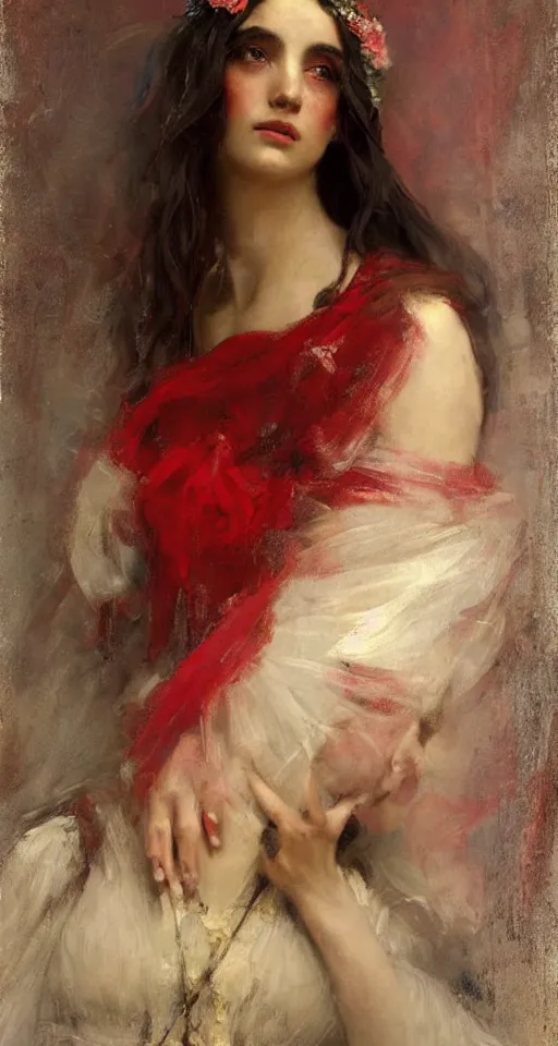 Image similar to solomon Joseph Solomon and Richard Schmid and Jeremy Lipking victorian genre painting portrait painting of a young beautiful woman greek Goddess in fantasy costume, red background