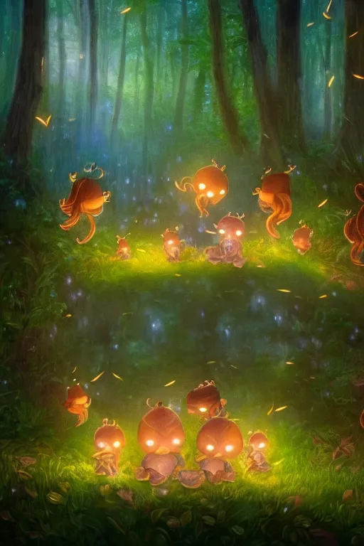 Image similar to Cute fireflies in a magical forest, oil canvas art by Basia tran fader, Katie Risor, Sandie Sonke and Maurice Sendak, 8k, ultra realistic , lens flare, atmosphere, glow, detailed,intricate, full of colour, cinematic lighting, trending on artstation, 4k, hyperrealistic, focused, extreme details,unreal engine 5, cinematic, masterpiece