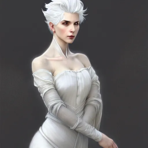 Prompt: white haired aristocrat, full body portrait, gentle, solemn face, cloth, female, city landscape, d & d, fantasy, intricate, elegant, digital painting, white grey color palette, artstation, octane render, concept art, matte, sharp focus, illustration, herrarthstone, art by artgerm and greg rutkowski and alphonse mucha