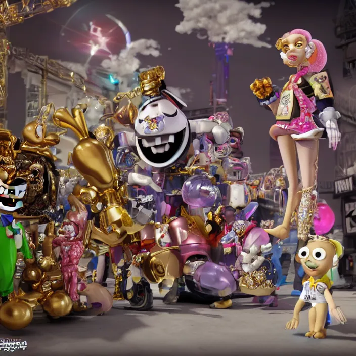 Image similar to jeff koons hip hop bauhaus style street sharks sailor moon wearing diamond grillz and a ton of bussdown iced gold bling in wallace & gromit strata - cut claymation, ultra realistic, concept art, intricate details, serious, highly detailed, photorealistic, octane render, 8 k, unreal engine, art by todd mcfarlane