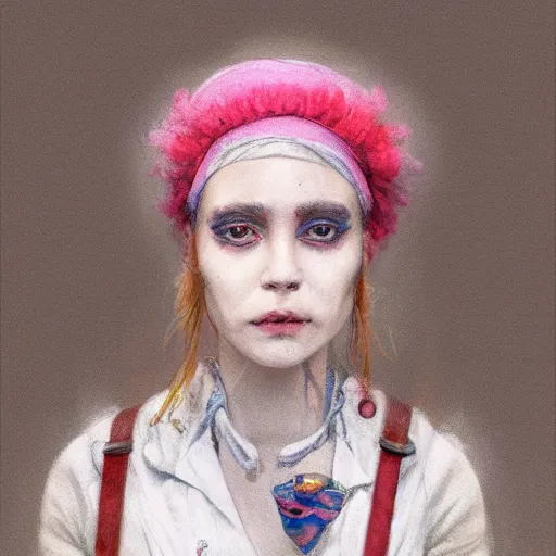 Image similar to clowncore pastel punk young hospital nurse wearing stylish head - wear. detailed, portrait, 8 k, artwork by jean - baptiste monge