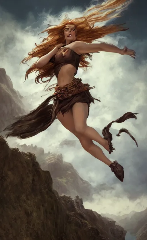 Image similar to photorealistic image of beautiful victorian female jumping gainer from a cliff fantasy warrior goddess, wind blown hair, seductive, confident, Neil Blevins, Frank frazetta, arney freytag, Magic the gathering,octane,
