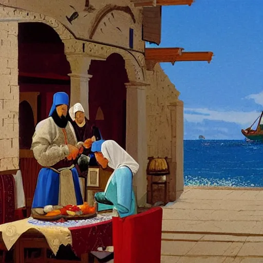 Image similar to ' a medieval turkish nobleman takes breakfast at his coastal manor with his family '. gouache matte painting by angus mcbride, 8 k, digital matte painting with high fidelity textures and figures.