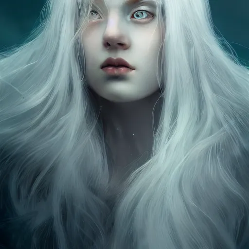 Prompt: a portrait of a ice queen with long dark curly red hair, stoic, pale skin, alone, white eyes, dramatic, epic painting, painting by wlop, nixeu and sakimichan, semirealism, artstation, octane render, sharpness, 8 k, golden ratio