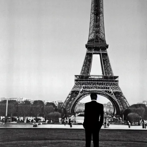 Image similar to Man in black suit standing in front of the eiffel tower over the body of a giant ant, foreground focus, black and white B&W, vintage photograph, Historical Archive