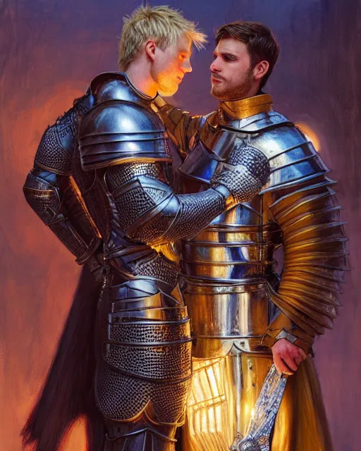 Image similar to attractive arthur pendragon confesses his love for his attractive male knight, highly detailed, very intricate, cinematic lighting, by donato giancola and rossdraws and magali villenueve, featured on artstation