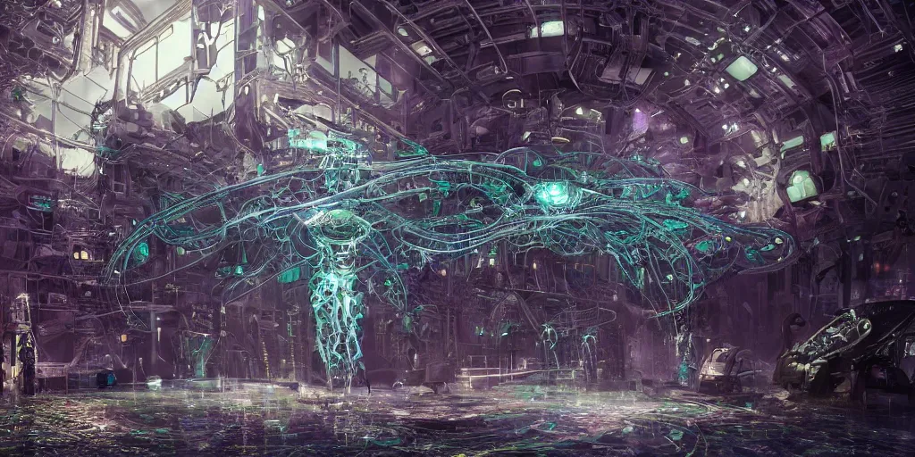 Prompt: photoreal hyper detailed epic story dramatic scene mechanical eldritch robotic cyberpunk mainframe mind-blowing epic microcircuitry cybernetic fantastical beings dancing reflective logic circuits robot metallic outerworldly creatures, floating phytoplankton-diatom robot jellyfish, against a multidimensional multiverse background, bizarre hard electronic transparent hive mind, 8k octane render, unreal engine 5, extremely intricate high detail, 8K detail post processing, path based unbiased rendering, moody lighting rendered by octane engine