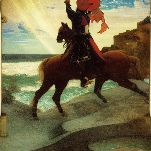 Image similar to Magician riding a horse leaving the castle through the bridge, thunderstorm, beach ocean on the background major arcana sky, by paul delaroche, alphonse mucha and arnold böcklin arnold böcklin hyperrealistic 8k, very detailed