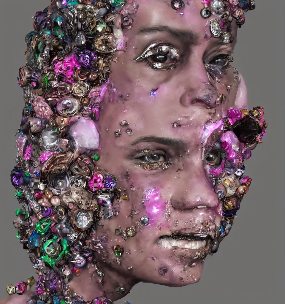 Image similar to portrait headshot of a zombie punk encrusted with gems flowers and crystals, face tattoos, photorealistic, dynamic lighting, action figure, clay sculpture, claymation, 4 k, gradient pink background, trending on artstation