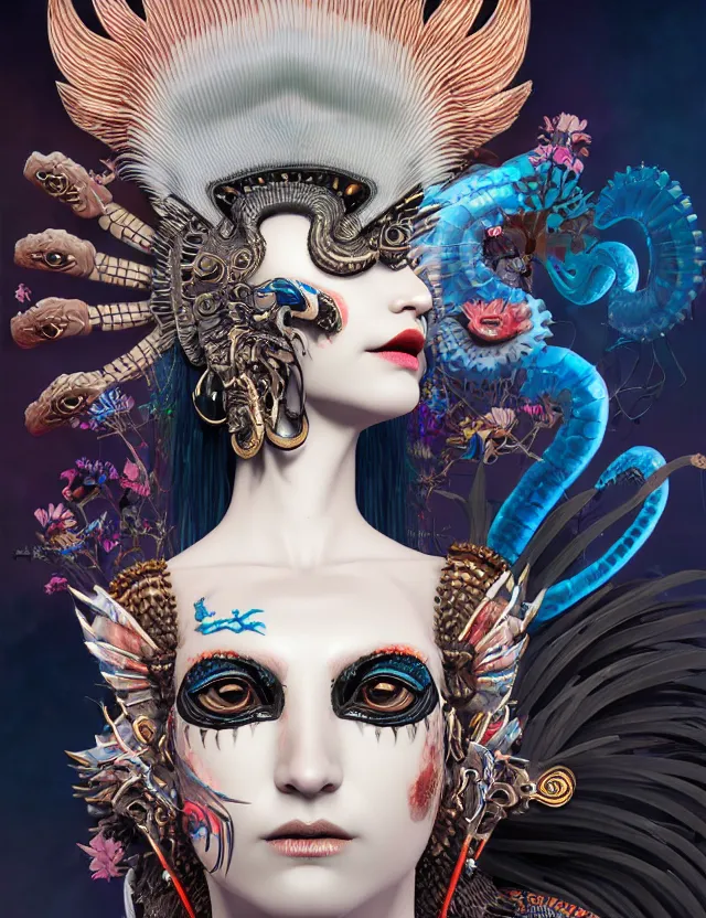 Image similar to 3 d goddess close - up profile portrait punk with mohawk with ram skull. beautiful intricately detailed japanese crow kitsune mask and clasical japanese kimono. betta fish, jellyfish phoenix, bio luminescent, plasma, ice, water, wind, creature, artwork by tooth wu and wlop and beeple and greg rutkowski