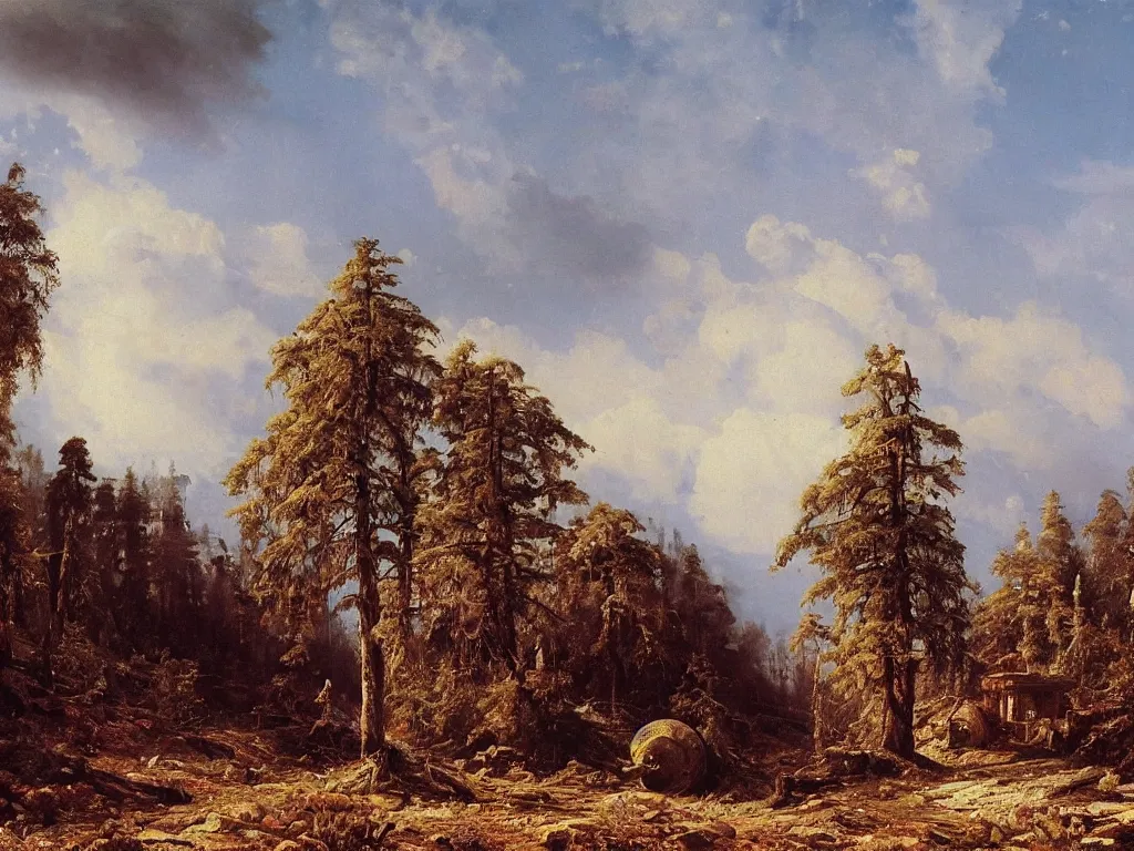 Image similar to oil painting of an abandoned civilization by ivan shishkin and aivazovsky, highly detailed, masterpiece