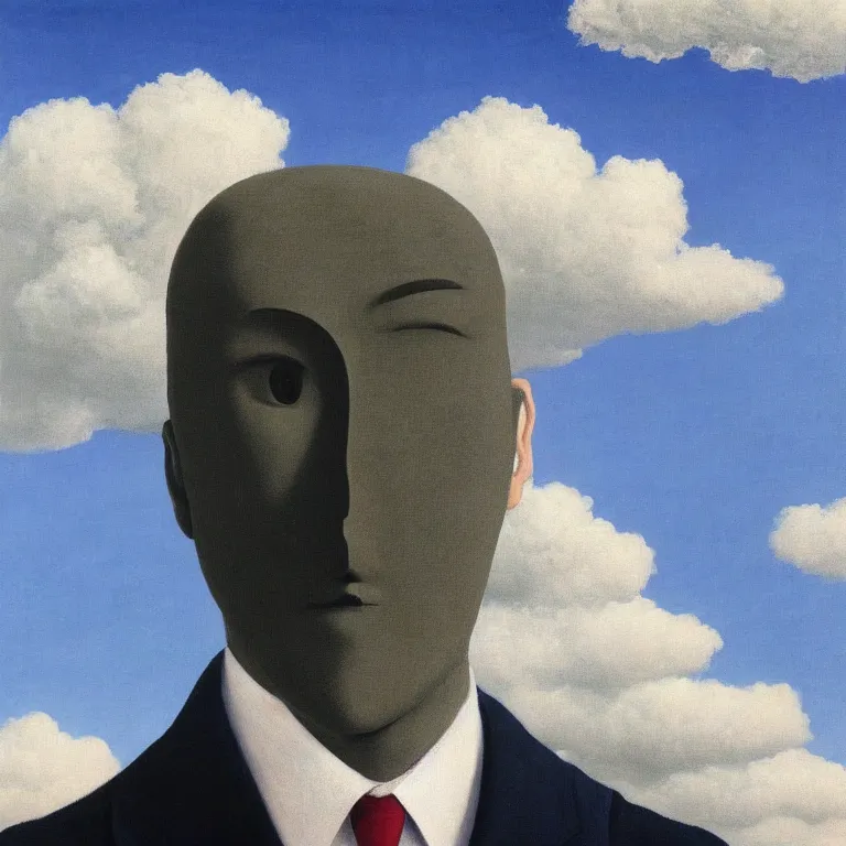 Prompt: portrait of a faceless shadow - head man in a suit, clouds in the background, by rene magritte, detailed painting, distance, centered, hd, hq, high resolution, high detail, 4 k, 8 k