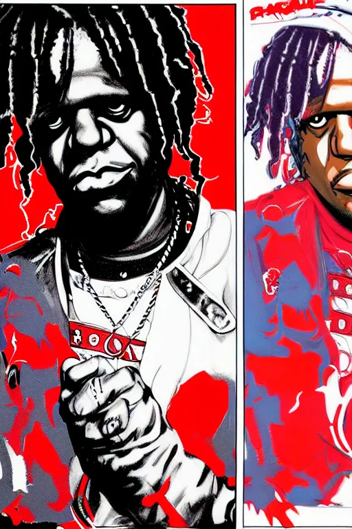 Image similar to rapper chief keef with bloods bandana, chris bachalo comic art, pop art, no duplicate image, pixel art, ultra details, ultra realistic, digital painting, artstation, concept art, smooth, sharp focus, identical, illustration, intecrate details, art by richard hamilton and mimmo rottela, pixels art by kirokaze and paul robertson