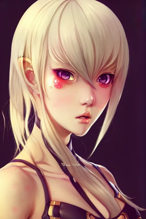 Prompt: portrait Anime girl in bikini armor, cute-fine-face, white-hair pretty face, realistic shaded Perfect face, fine details. Anime. realistic shaded lighting by Ilya Kuvshinov and Gustav Klimt