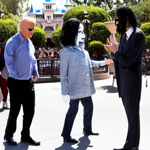 Prompt: joe biden dressed as michael jackson visiting Disneyland