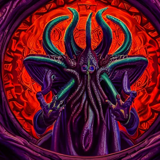 Image similar to 4K headshot of godlike Cthulhu with defined arms and open hands and bloody clothes with giant mandala wings , intricate face , flawless anime cel animation by Kentaro Miura, psychedelic , highly detailed upper body , professionally post-processed , beautiful, scary, symmetry accurate features, epic, octane rendered, anime masterpiece, accurate