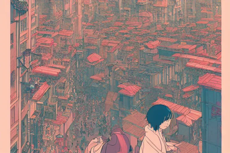 Prompt: a scene of a bustling fantasy city, risograph, retro fantasy style, victo ngai, moebius, studio ghibli