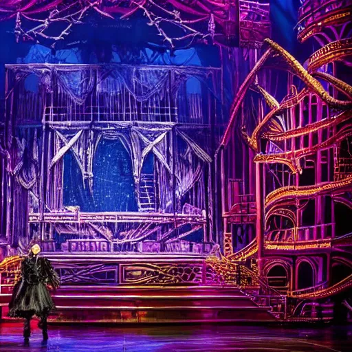 Image similar to photo, a highly - themed dramatic broadway musical set design with huge spectacle, dark and moody futuristic, a dark gothic psychedelic palace