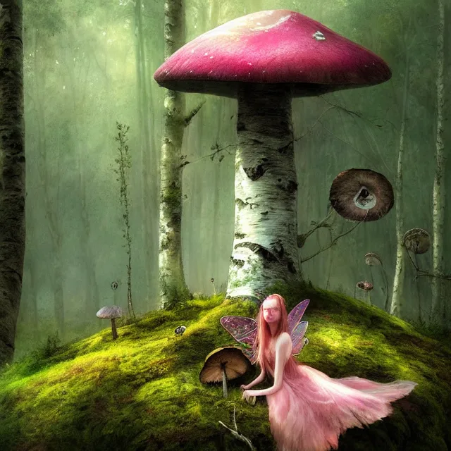 Prompt: a low - eyed fairy, long hair, pink glass wings, sitting on a giant mushroom in the middle of a birch forest, fog, moss, sunbeams, highly detailed, cinematic lighting, perfect composition, artem demura