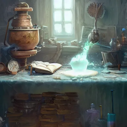 Image similar to hyper realistic, table, wizards laboratory, greg rutkowski, mortar, pestle, scales with magic powder, energy flowing, magic book, beakers of colored liquid, tony sart