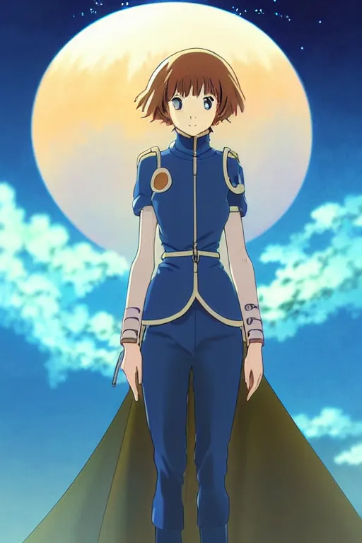 Image similar to anime art full body portrait character nausicaa concept art, anime key visual of elegant young female, brown hair and large eyes, finely detailed perfect face delicate features directed gaze, sunset in a valley, trending on pixiv fanbox, studio ghibli, extremely high quality artwork by hayao miyazaki by kushart krenz cute sparkling eyes