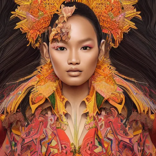 Image similar to portrait of an indonesian supermodels wearing traditional costume, highly detailed, digital painting, artstation, concept art, sharp focus, illustration, art by kittichai rueangchaichan and james gurney and alphonse mucha