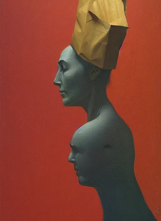 Prompt: woman portrait with a paper bag over the head Edward Hopper and James Gilleard, Zdzislaw Beksinski, highly detailed