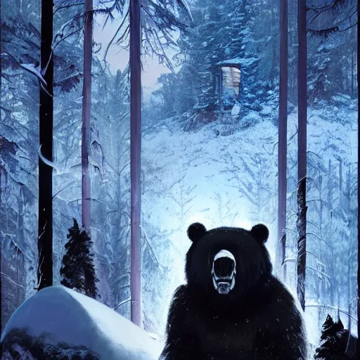 Image similar to dark scene of a giant bear, surrounded by glowing eyes in the snowy forest, realistic shaded lighting poster by ilya kuvshinov katsuhiro otomo, magali villeneuve, artgerm, jeremy lipkin and michael garmash and rob rey