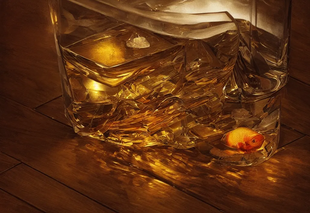 Crystal whiskey glass with ice cubes on a wooden table. Stock