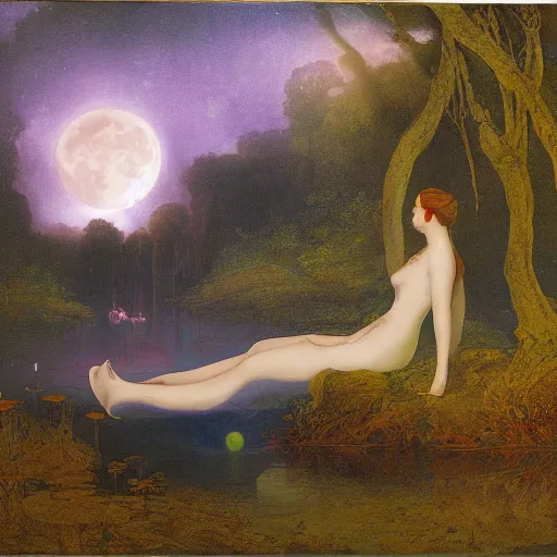 Image similar to rusalka sits by a pond in an apocalyptic dark forest at night, moon gazing, by john martin