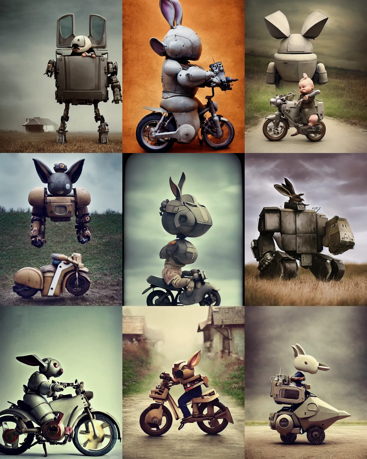 Prompt: epic battle pose !!!giant oversized battle rabbit robot chubby mech baby motorcycle with big ears , on a village, full body , Cinematic focus, Polaroid photo, vintage , neutral dull colors, soft lights, foggy , by oleg oprisco , by victor enrich , by gregory crewdson