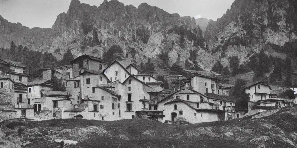 Prompt: 1920s photography of an isolated old village with ghostly wood buildings in the dolomites