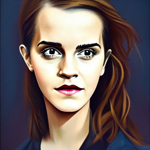 Image similar to modern stylized oil painting caricature of emma watson with ugly nose, cinematic dramatic lighting