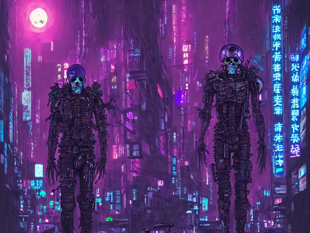 Prompt: high detailed dead android skull samurai in a cyberpunk rainy city at night by Josan Gonzalez, purple and blue neons, unreal engine, high quality, 4K, UHD, trending on ArtStation, wires, blade runner vibes, ghost in the shell, akira, dorohedoro