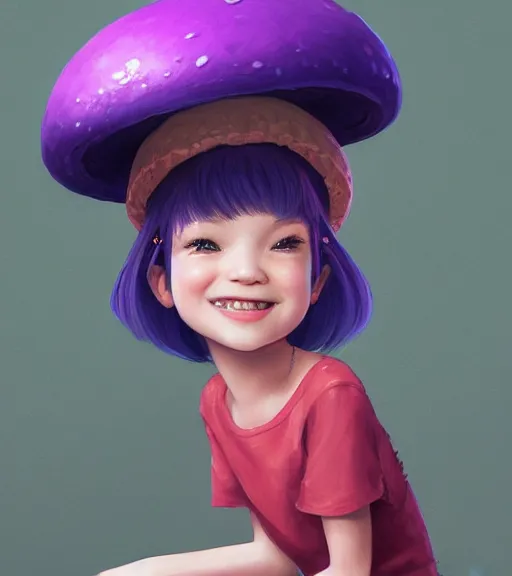 Image similar to a beautiful little girl wearing a mushroom hat sitting | | cute - fine - subtle smile, curved purple hair, face, pretty face, fine details by stanley artgerm lau, wlop, rossdraws, james jean, andrei riabovitchev, marc simonetti, and sakimichan, trending on artstation