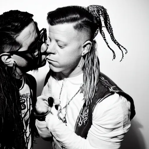 Prompt: skrillex and macklemore kissing with their hair entangled