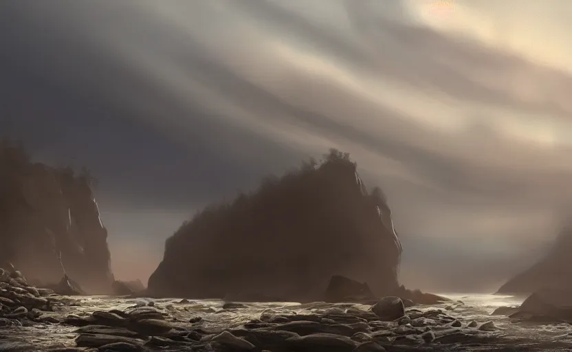 Prompt: exterior traveling greyhound bus circa 2 0 1 5, directed by charlie kaufman ( 2 0 0 1 ) anamorphic lenses, a rocky shore in the foreground, foggy volumetric light morning, a beam of light from the heavens, cinematic trending on artstation in the style of greg rutkowski