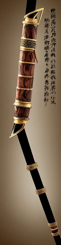 Image similar to single wooden long straight thin ninja fighting staff decorated with oriental ornaments, polished, weapon, highlight, vertical, centred, highly symmetric, sci - fi, fantasy, japan, dnd, close shot, bright uniform background, directional lighting, digital art, hyperrealism, award winning, 8 k