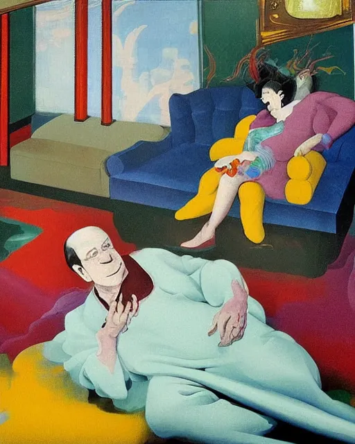 Prompt: old dead couple sitting on a couch and a person inside a large aquarium with clouds at red and yellow art deco interior room in the style of Francis Bacon and Syd Mead, open ceiling, highly detailed, painted by Francis Bacon and Edward Hopper, painted by James Gilleard, surrealism, airbrush, very coherent, triadic color scheme, art by Takato Yamamoto and James Jean