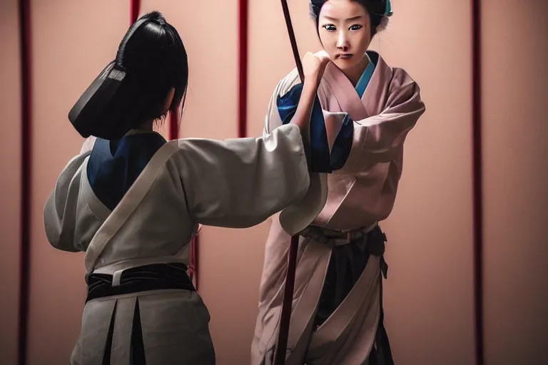 Image similar to beautiful photo of a young modern geisha samurai practising the sword in a traditional japanese temple, mid action swing, beautiful eyes, huge oversized sword, award winning photo, muted pastels, action photography, smiling into the camera, 1 / 1 2 5 shutter speed, dramatic lighting, anime set style