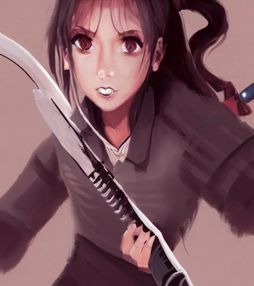 Image similar to a girl holding a katana, ponytail, highly detailed, digital painting, artstation, concept art, smooth, sharp focus, kunoichi, illustration, style of chainsaw man