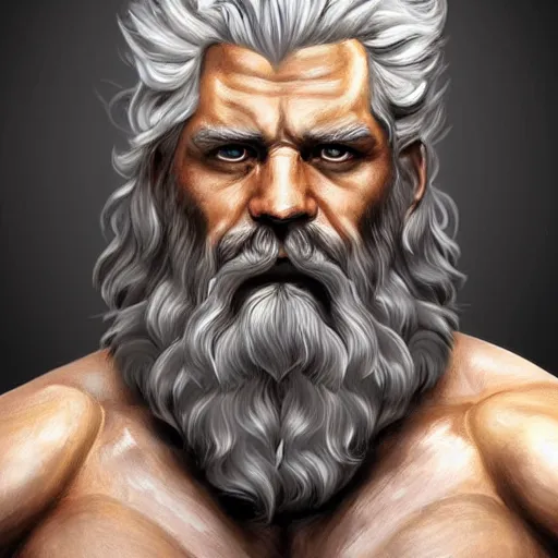 Image similar to painted portrait of rugged zeus, greek god, 4 0 years old, handsome, white hair, soft hair, upper body, muscular, hairy torso, fantasy, intricate, elegant, highly detailed, digital painting, artstation, concept art, smooth, sharp focus, illustration, art by artgerm