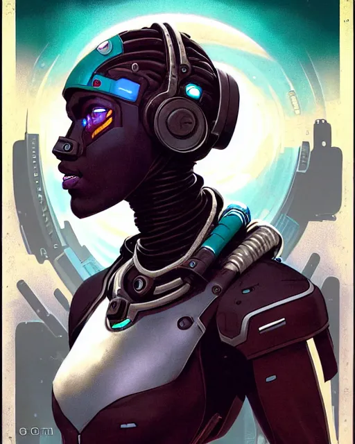 Prompt: sojourn from overwatch, african canadian, gray dread locks, gray hair, teal silver red, cyber eyes, character portrait, portrait, close up, concept art, intricate details, highly detailed, vintage sci - fi poster, retro future, vintage sci - fi art, in the style of chris foss, rodger dean, moebius, michael whelan, and gustave dore