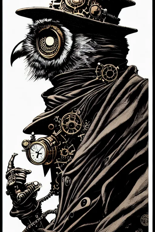 Prompt: side view of majestic steampunk anthropomorphic owl man alchemist cloaked wizard, high details, bold line art, by vincent di fate and joe fenton, inking, etching, screen print, masterpiece, trending on artstation, sharp, high contrast, hyper - detailed,, hd, 4 k, 8 k