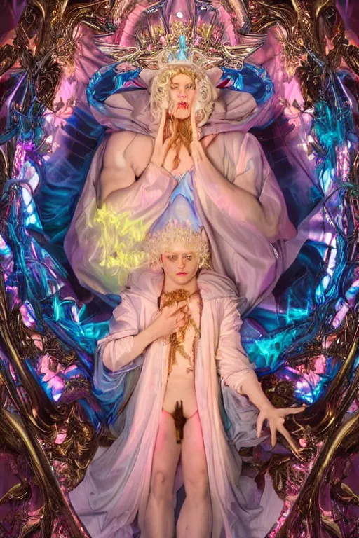 Prompt: full-body rococo and cyberpunk delicate neon crystalline sculpture of ((young muscular blue albino Colombian prince)) as an iridescent humanoid deity wearing ((peach plastic hooded cloak)) (holding a human skull) in a white castle dungeon, reclining, glowing pink face, crown of (pink lasers), large blue diamonds, swirling black silk fabric. futuristic elements. oozing glowing liquid, full-length view. space robots. intricate artwork by caravaggio. Trending on artstation, octane render, cinematic lighting from the right, hyper realism, octane render, 8k, depth of field, 3D