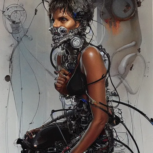 Prompt: halle berry as a cyberpunk noir detective, skulls, wires cybernetic implants, machine noir grimcore, in the style of adrian ghenie esao andrews jenny saville surrealism dark art by james jean takato yamamoto and by ashley wood and mike mignola