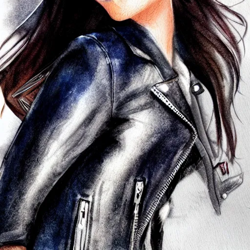 Image similar to a perfect, realistic professional digital sketch of a Japanese young woman posing, wearing leather jacket and skirt, in style of Marvel, full length, by pen and watercolor, by a professional American senior artist on ArtStation, a high-quality hollywood-style sketch, on high-quality paper