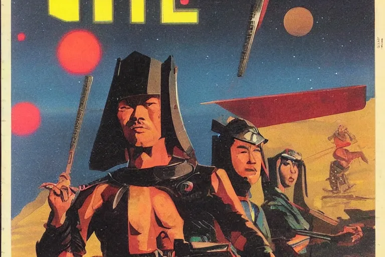 Image similar to 1979 OMNI Magazine Cover of a samurai western. in cyberpunk style by Vincent Di Fate