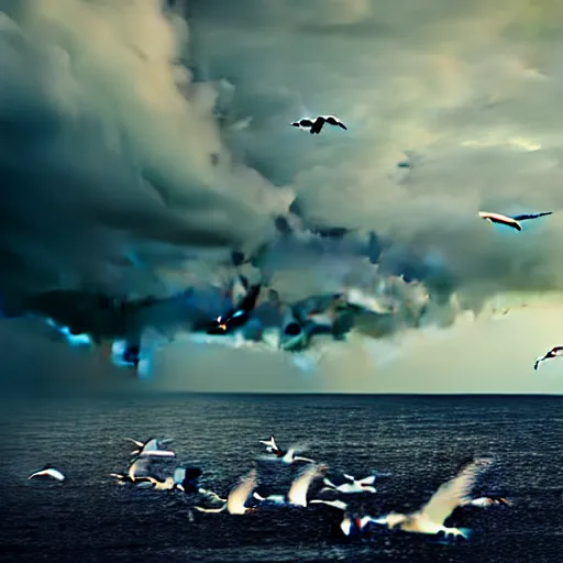 Image similar to a tornado!! made of seagulls, windy, cloudy, realistic reflections, cinematic lighting